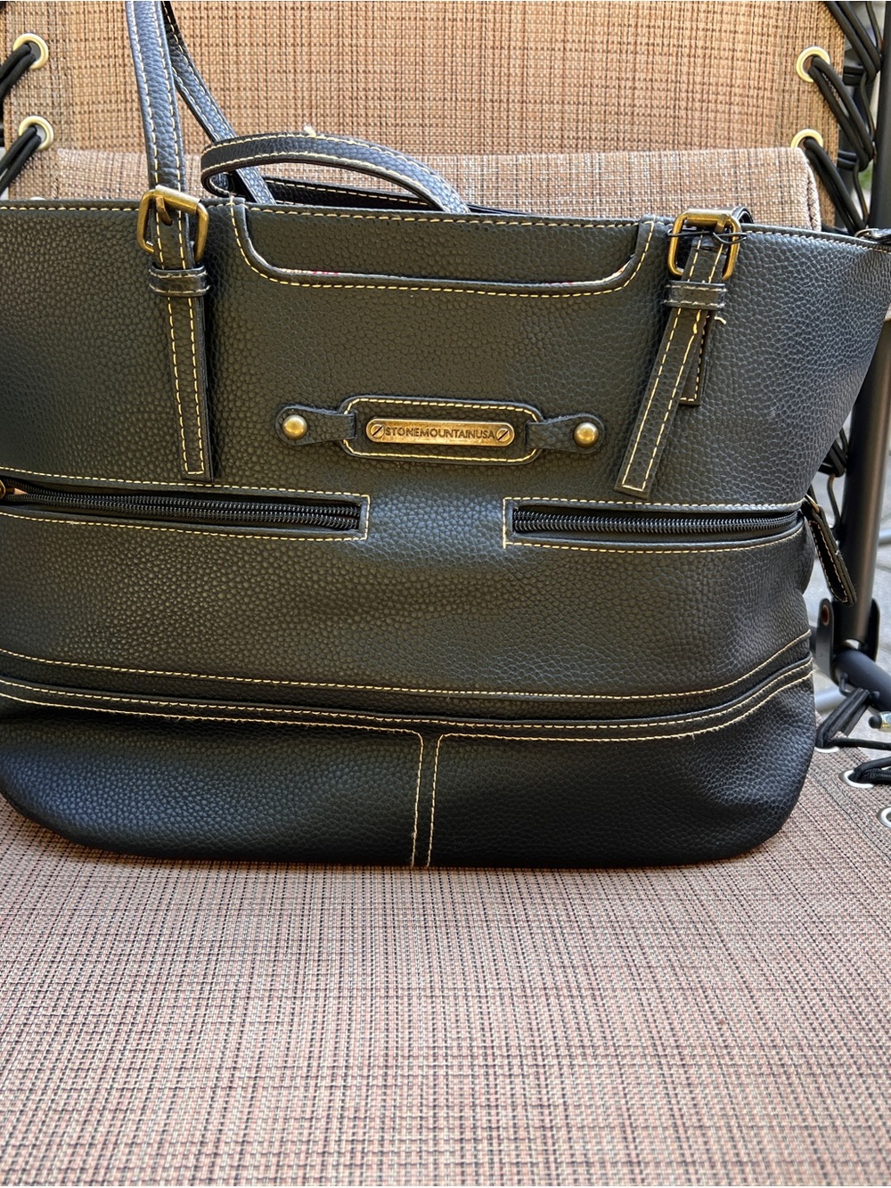 Stone Mountain Accessories Black Pebbled Tote with Contrast Stitching